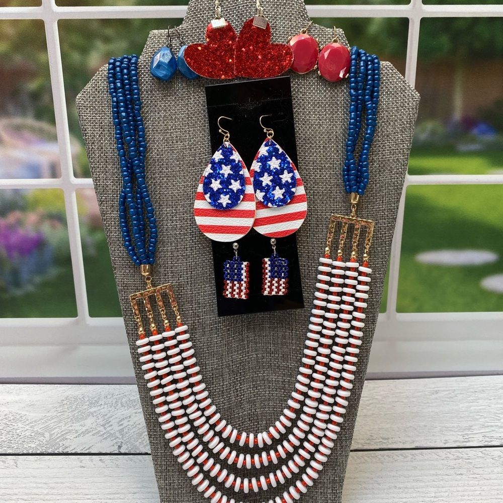 Patriotic Jewelry Set | 4th of July | Necklace and 5 Sets of Earrings | America - Picture 3 of 4